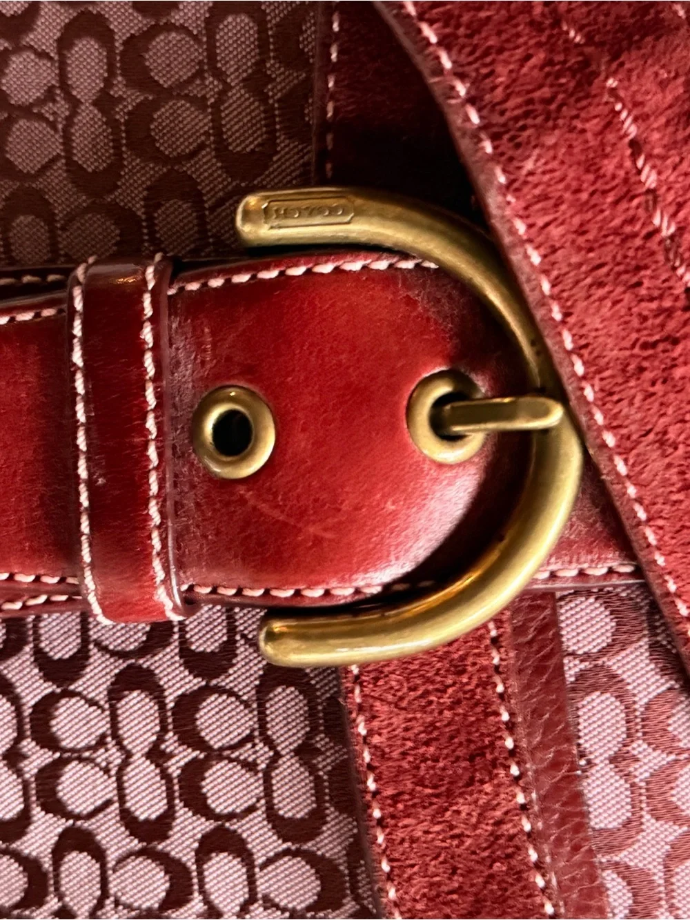 Coach Burgundy Signature Monogram Crossbody Bag with Red Leather Trim